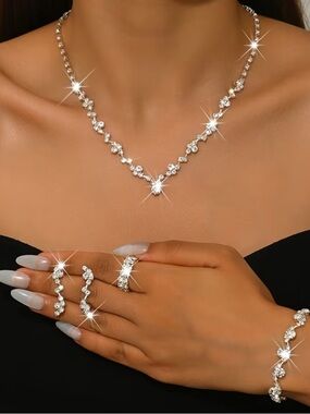 Silver Crystal V-Point Necklace - Sparkling Silver Tone